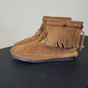 Minnetonka Brown Suede Fringe Ankle Booties with Braided Concho Trim